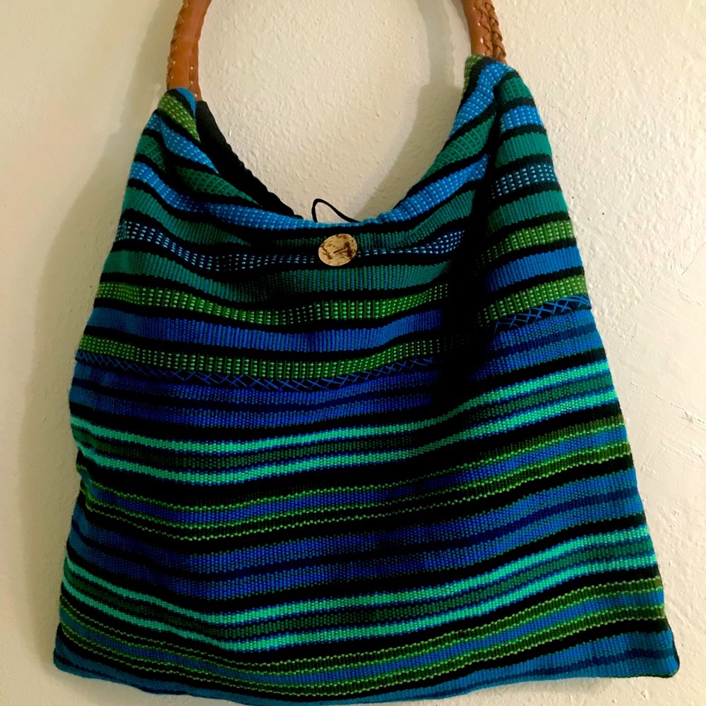 Boho Style Handwoven Tote w Leather Handles